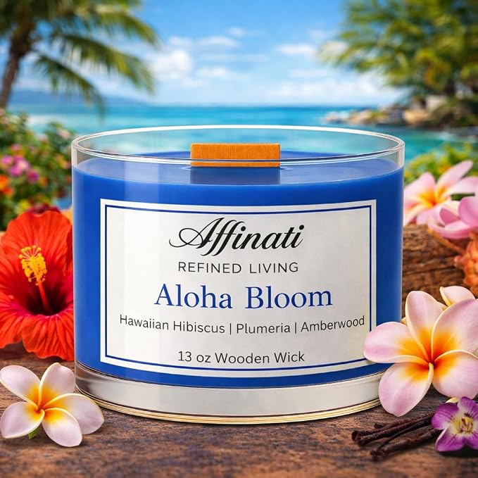 Affinati Aloha Bloom Wooden Wick Candle – Premium Wooden Bowl, 13 oz