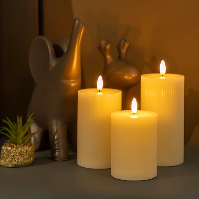 ANGELLOONG Ribbed Flameless Pillar Candles with Remote, Set of 3 Ivory Real Wax LED Candles Battery Operated with 2/4/6/8H Timer for Home Decor, Bathroom, Living Room