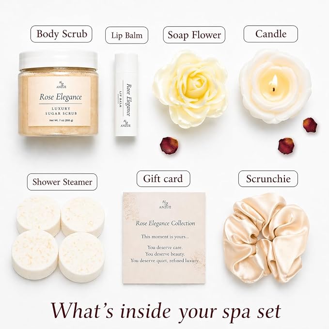 Luxury Rose Spa Gift Set for Women, Home Spa Kit with Candle, Bath Salt and Body Scrub, Self Care Kit is Elegant Gift for Mom, Wife or Girlfriend