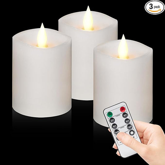 "3"x4" Flickering Flameless Candles with Remote Timer- Set of 3 Real Wax White Pillar LED Candles for Indoor/Outdoor Fireplace & Home Decor, Battery Operated with 600+ Hours Flickering (3" Diameter)