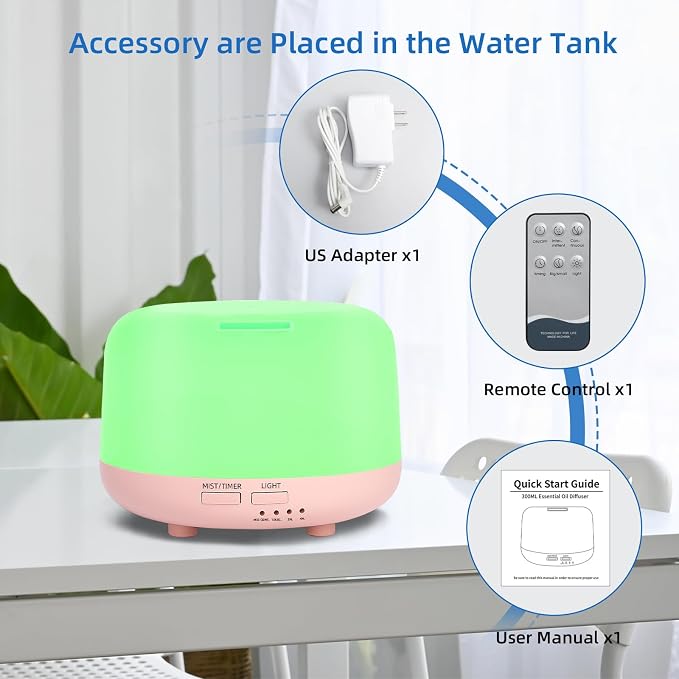 SPLITSKY 300ML Essential Oil Diffuser, Cool Mist Small Diffuser with Remote Control, 7 Color Changing LED Light, 4 Timer Settings,Waterless Safety Shut Off, for Bedroom, Room, Office(Pink)