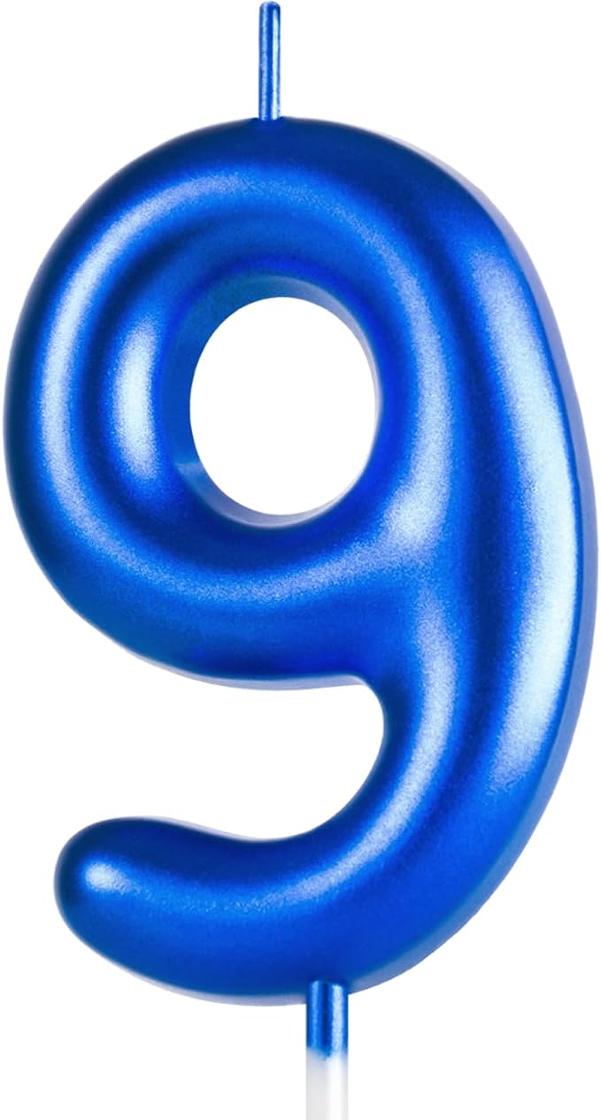 2.76“ Large 9 Birthday Candle, Three Candle for 9th Birthday Boy, Number 9 Candle for Boys Blue Theme Birthday Party Decorations, Blue Birthday Candles for Harley Davidson Birthday Decorations