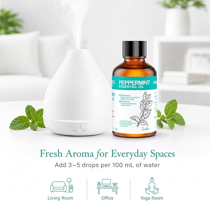 Peppermint Essential Oil 3.38 fl oz, Mint Essential Oil with Dropper for Diffuser, Hair Care, Skin Care, Massage, Cleaning, Candle Making and Soap Making