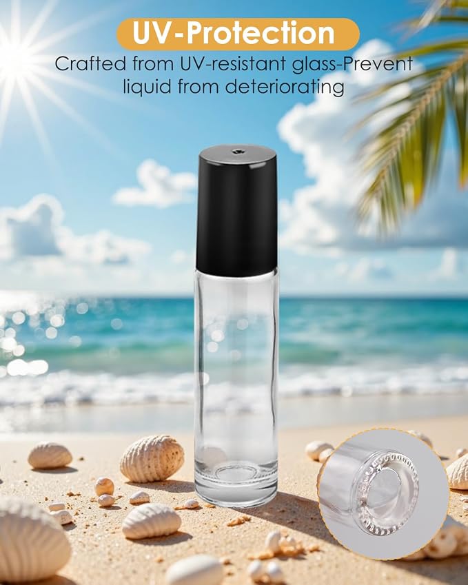Worldgsb 4 Pack Essential Oil Roller Bottles, 10ml Refillable Clear Glass Roller Bottles with Stainless Steel Roller Balls and Caps for Travel, Perfume and Lip Gloss