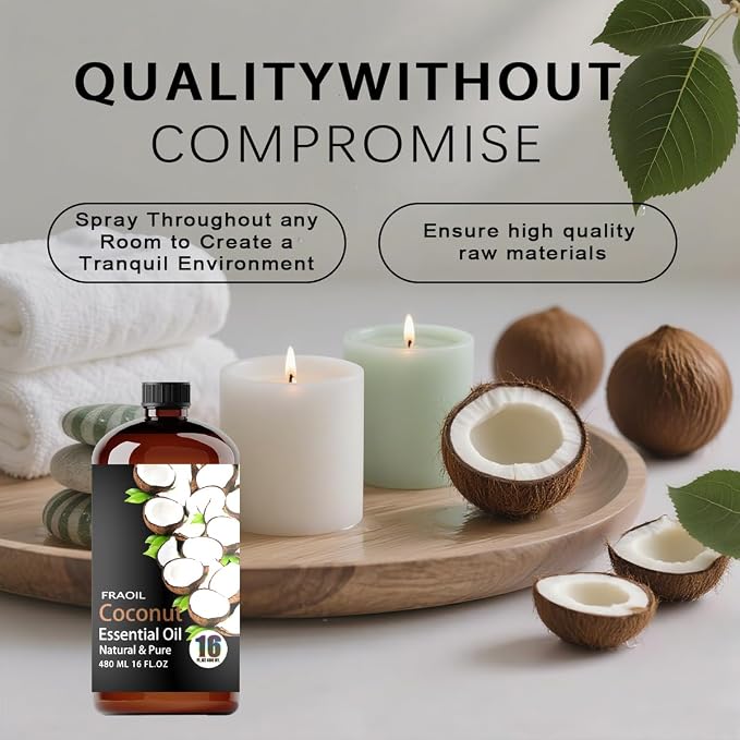 Coconut Essential Oil, Coconut Oil 16 Fl Oz 480 ML for Diffuser Humidifier Yoga Cleaning DIY Candle Soap Making Perfume Gift for Women Essential Oils FRAOIL (Coconut 16 Fl Oz (Pack of 1))