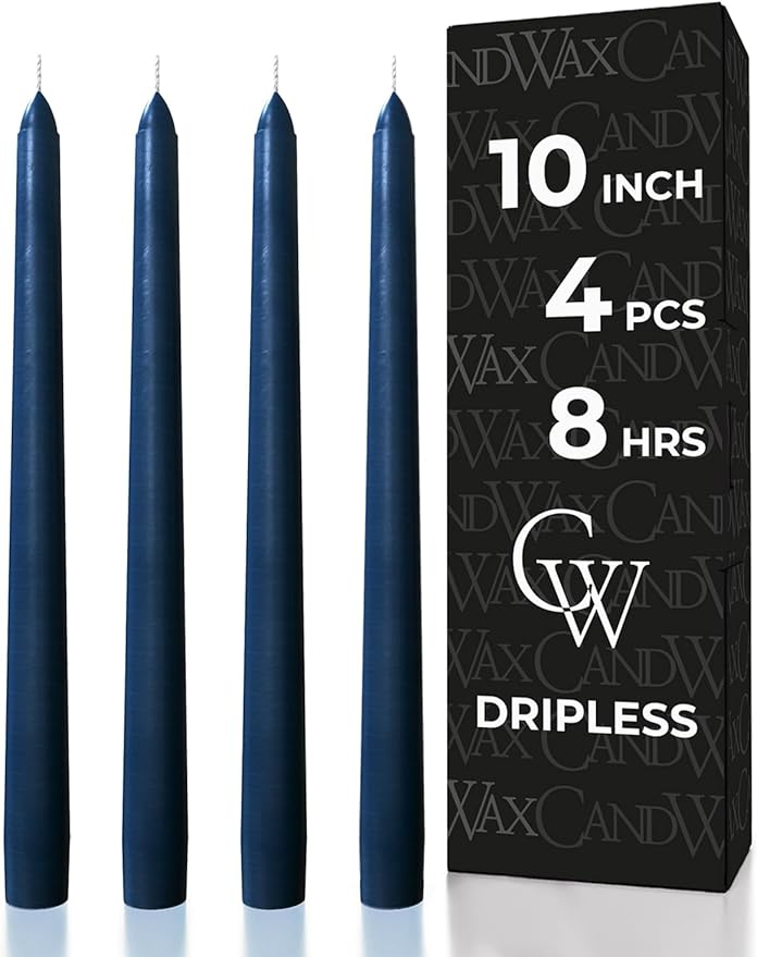 CANDWAX 10 Inch Taper Candles Set of 4 - Dripless and Unscented Candlesticks - Perfect for Dinner and Christmas - Dark Blue