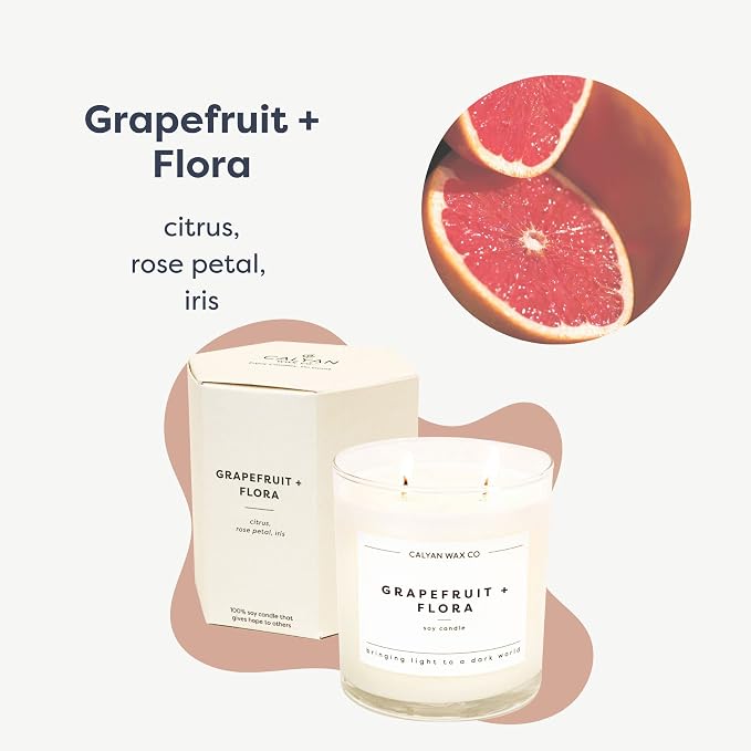 Calyan Wax Co. Grapefruit & Flora 2 Wick Scented Candle - 37 Hour Burn - Luxury Clean Soy Wax Candles - Long Lasting Large Glass Jar Candle for Home - 8.8oz