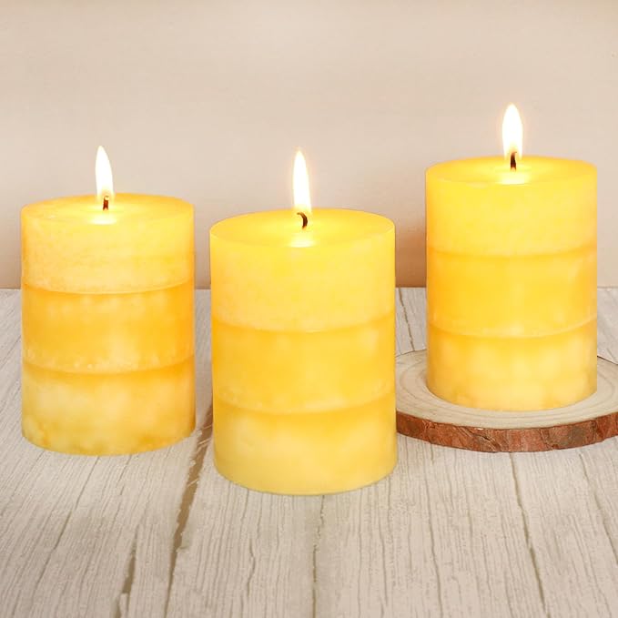 Yellow Pillar Candles 3x4 Inch Hand-Poured Lemon Scented Candles Lemongrass Fragrance Long Lasting Clean Burning Smokeless Summer Candle for Home Scent Bathroom Rustic Table Decor, Set of 3