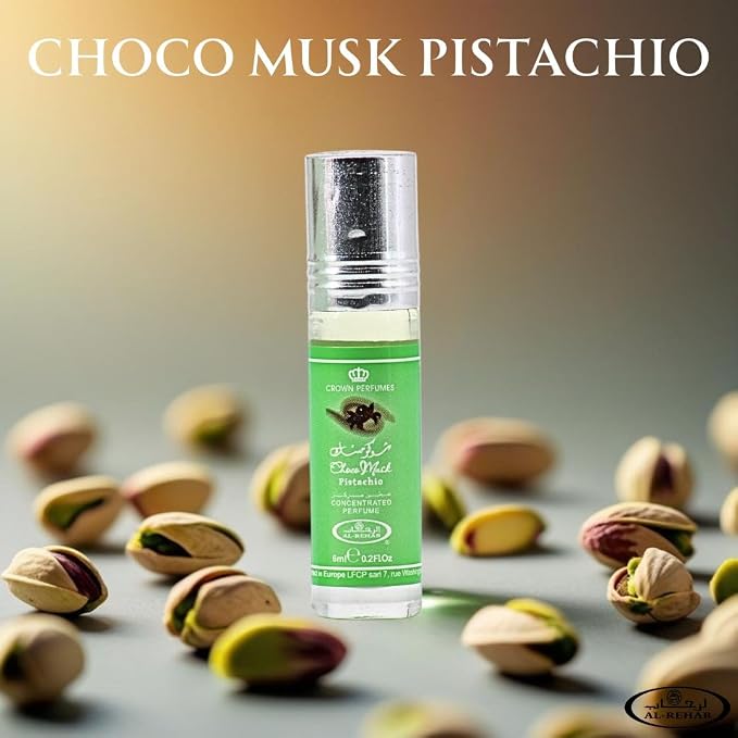Al-Rehab Choco Musk Pistachio Perfume Oil Roll-On - 6ml (0.2 oz) | Nutty Gourmand Fragrance with Pistachio, Chocolate & Vanilla | Sweet, Creamy & Addictive | Long-Lasting Scent (Pack of 3)