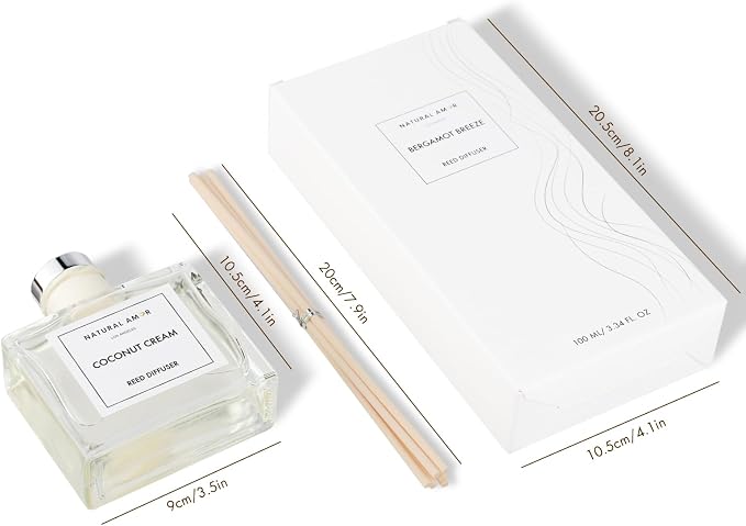Natural Amor Coconut Reed Diffuser Set, 3.38 fl oz Scented Diffuser with Sticks Home Fragrance Reed Diffuser for Bathroom Shelf Bedroom Living Room