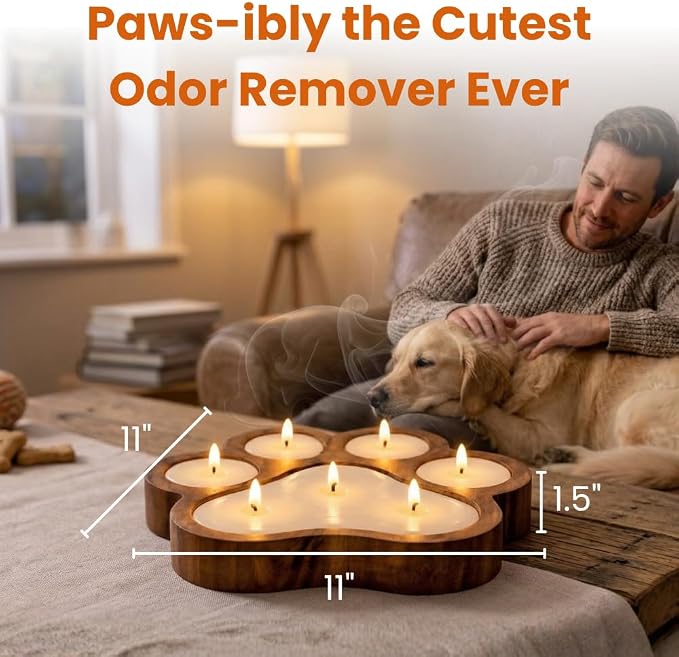 Dough Bowl Candle Co. Pet Odor Eliminator Candle - 11x11x1.5 Scented Soy Candles for Home Scented, 7 Wick Pet Odor Eliminator for Home, White Ocean Beach Decor in Paw Print Shape, Linen Fragrance