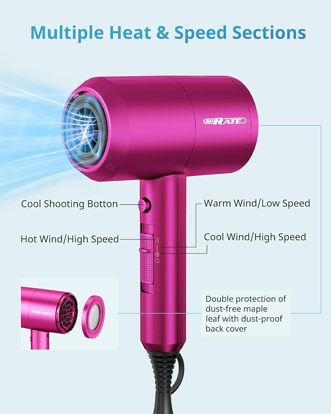 SHRATE Ionic Hair Dryer with Diffuser | Professional Blow Dryer for Curly, Frizzy & All Hair Types | Low Noise & Gentle for Sensitive Hair | Compact & Portable Design for Home, Travel, Women & Men