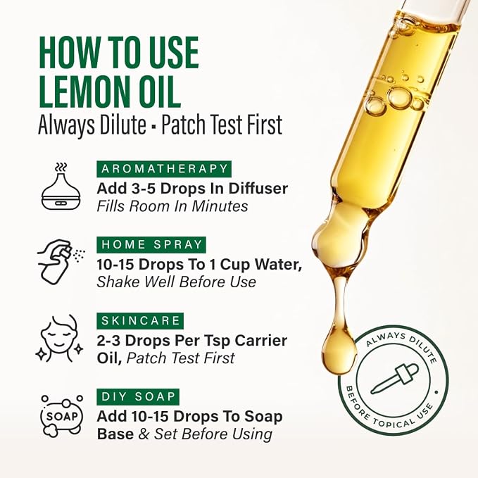 100% Pure Lemon Oil - 4 Fl Oz Lemon Essential Oil for Hair, Skin, Diffuser, Aromatherapy & DIY Soap Making Scent