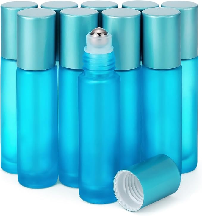 Glass Roller on Bottle, 10ml Refillable Essential Oil Bottle with Stianless Steel Ball, Pack of 10 (Light blue)