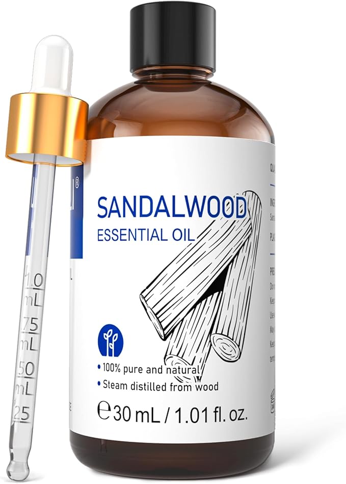 HIQILI Sandalwood Essential Oils 1 Fl Oz, for Skin, Diffuser, Perfume, Candle Soap Making, Includes Premium Quality Glass Dropper