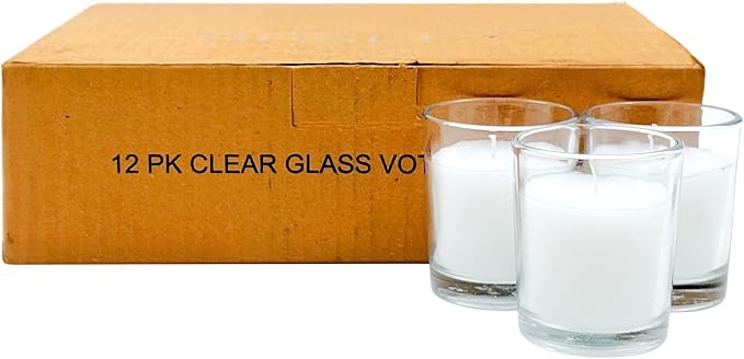 Hosley Set of 12 White Unscented Votive Candles in Clear Glass Holders - Hand Poured Soy Wax, 10-12 Hour Burn Time for Weddings & Home Decor