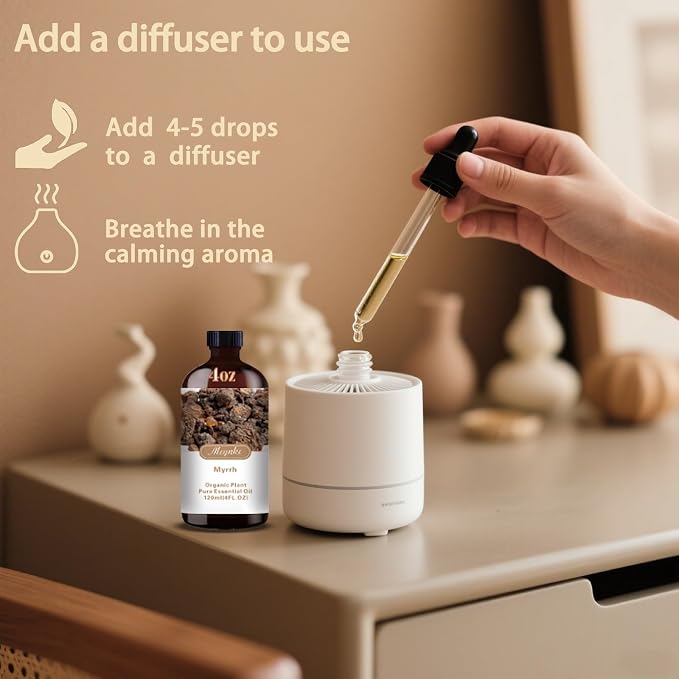 Myrrh Essential Oil, Myrrh Oil for Meditation, Diffuser, Humidifier, Massage, DIY Soap, Candle, Skin Care, Yoga, Gift Ready,Myrrh Fragrance Oil - MLYNKL Essential Oils (4.33 fl oz / 130ml)