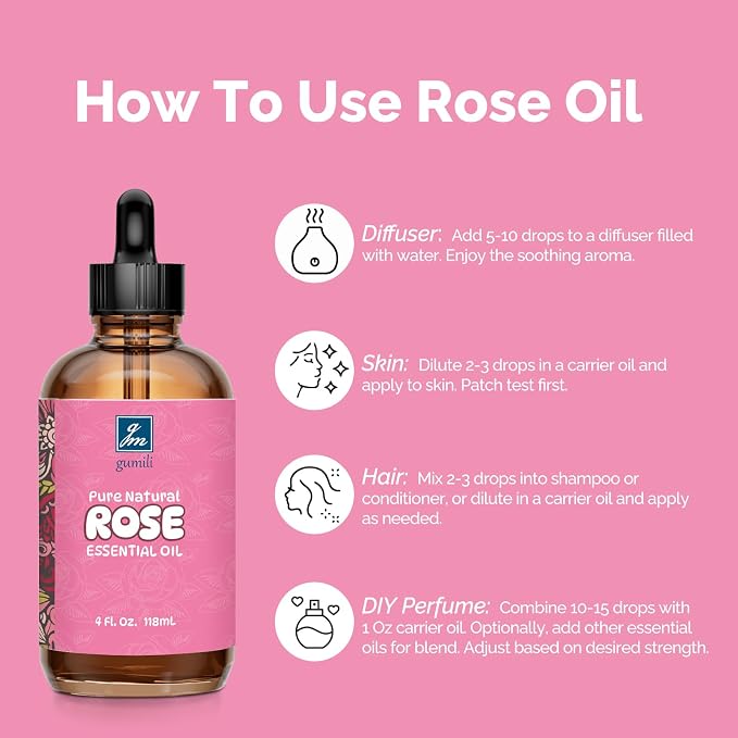 GM Gumili Rose Essential Oil for Face, Hair, Body, Skin, Aromatherapy, Essential Oils Diffuser, DIY Blends - 4 Oz