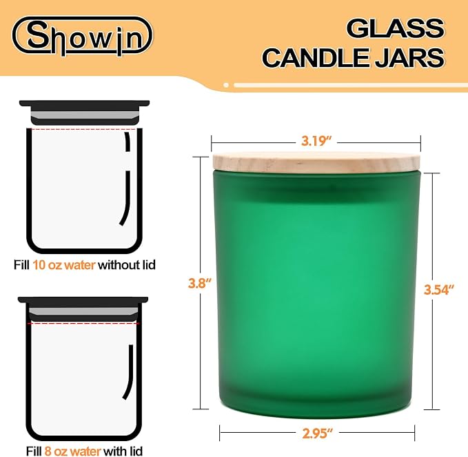SHOWIN 10 OZ Thick Candle Jars for Making Candles 15 Pcs, Empty Jars with Wood Lids for Candle Making, Sample Container, Frosted Green
