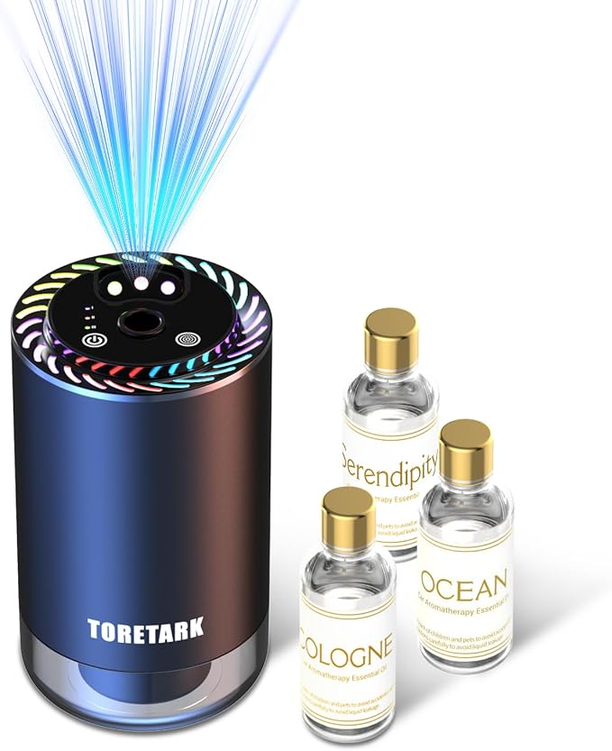 Smart Car Air Freshener with Star Light & 150ml Diffusers Oil Refills, Auto On/Off Aroma Diffuser, 3 Adjustable Modes Rechargeable Aromatizante para Carro - Car Diffuser（Cologne+Ocean+Serendipity）