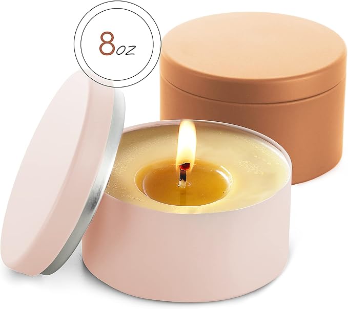 Hearth & Harbor Tin Candle Jars for Making Candles - DIY Candle Containers with Lids - Metal Candle Jars - Bulk Tins Storage for Candle - (24 Pieces) - (8 Ounces) - Solid Peach and Copper