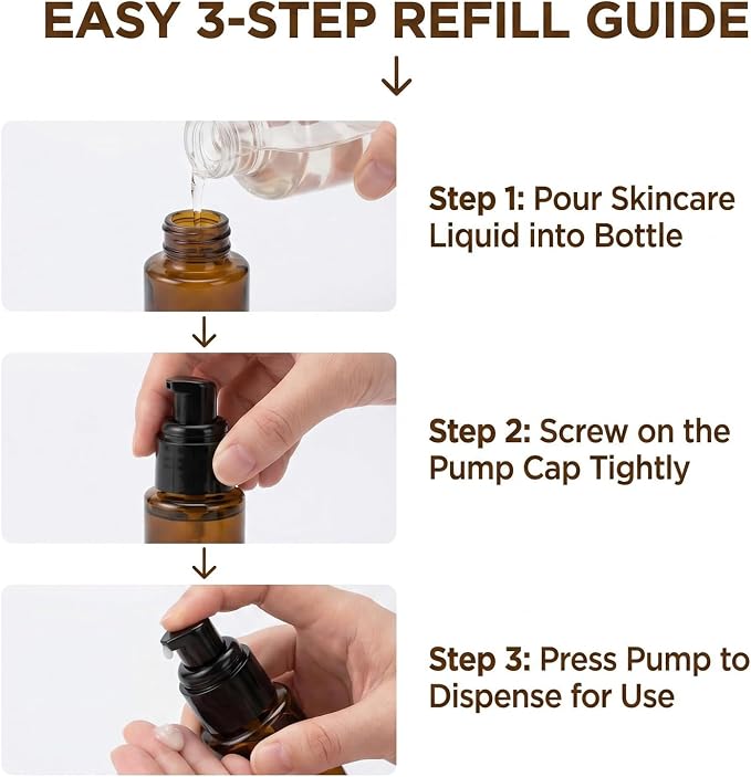 3 Pcs 30ml 1oz Amber Glass Travel Bottles Leakproof Cosmetic Cream Pump Bottle Dispenser Lotions Bottles Travel Containers Lotion Dispenser for Creams Foundation Shampoo Essential Oils