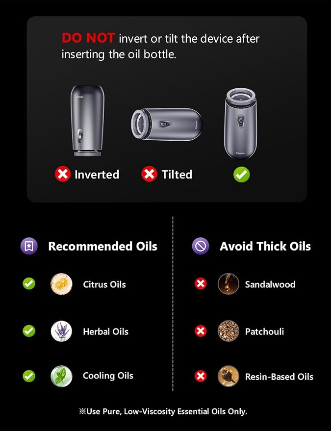 Waterless Essential Oil Diffuser with 20ml Oil, Battery Operated, Portable | Oil-Saving Design | Smart Memory | Aluminum | 3 Mist Levels | 3 Ambient Light Modes | Ultra Quiet | for Home Office Car