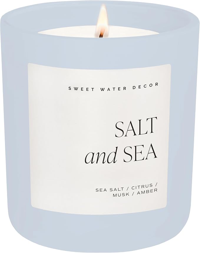 Sweet Water Decor Salt and Sea Scented Soy Candle, Scent Notes of Sea Salt, Citrus, Musk, and Amber, Non-Toxic Wax Blend, 70 Hour Burn, 15oz Blue Matte Jar for Home and Bedroom, Hand Poured in USA