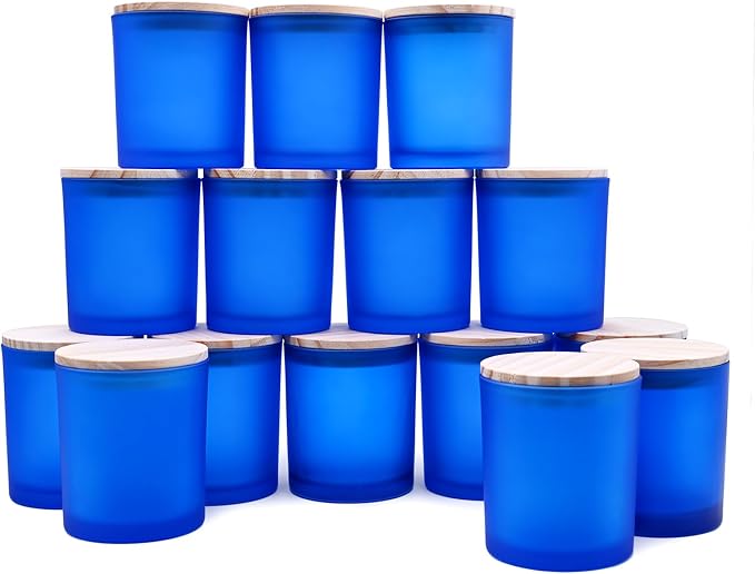 SHOWIN 10 OZ Thick Candle Jars for Making Candles 15 Pcs, Empty Jars with Wood Lids for Candle Making, Sample Container, Frosted Blue