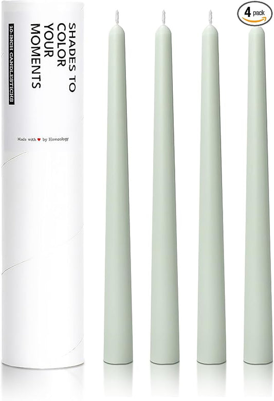 10" Classic Taper Candles, Light Sage Green, 4-Pack, 7-8 Hours Long Burning, Unscented Tall Candlesticks