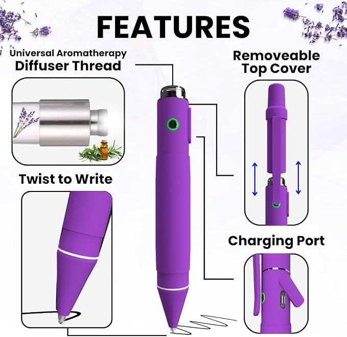 Aromatherapy Writing Pen Battery with Real Ink Tip and Hidden Diffuser Port, Soft Touch Ballpoint for Note Taking, Signature, and On-The-Go Relaxation, Rechargeable Wellness Gift for Office (Purple)