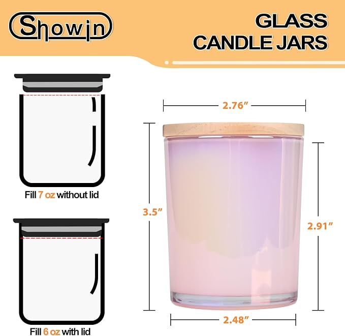SHOWIN Thick Candle Jars for Making Candles 16 Pcs, 7 OZ Empty Jars with Wood Lids for Candle Making, Sample Container, Glitter Pink