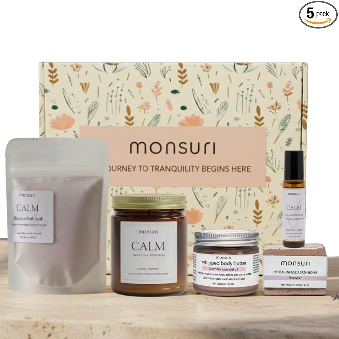 Lavender Relaxation Gifts for Women | Home Spa Kit with 5 Self Care Products for Deep Relaxation with Aromatherapy Candle, Bath Bomb, Soak, Body Butter & Roller. Lavender Gifts for Women Self Care.
