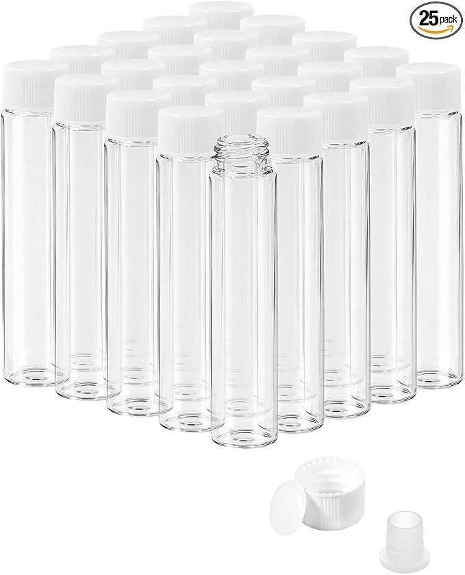 7ml Clear Glass Vials with Screw Caps and Plastic Stoppers, 2 Dram Small Liquid Sample Vial, Leak-Proof Vial, 25PCS(White Cap)
