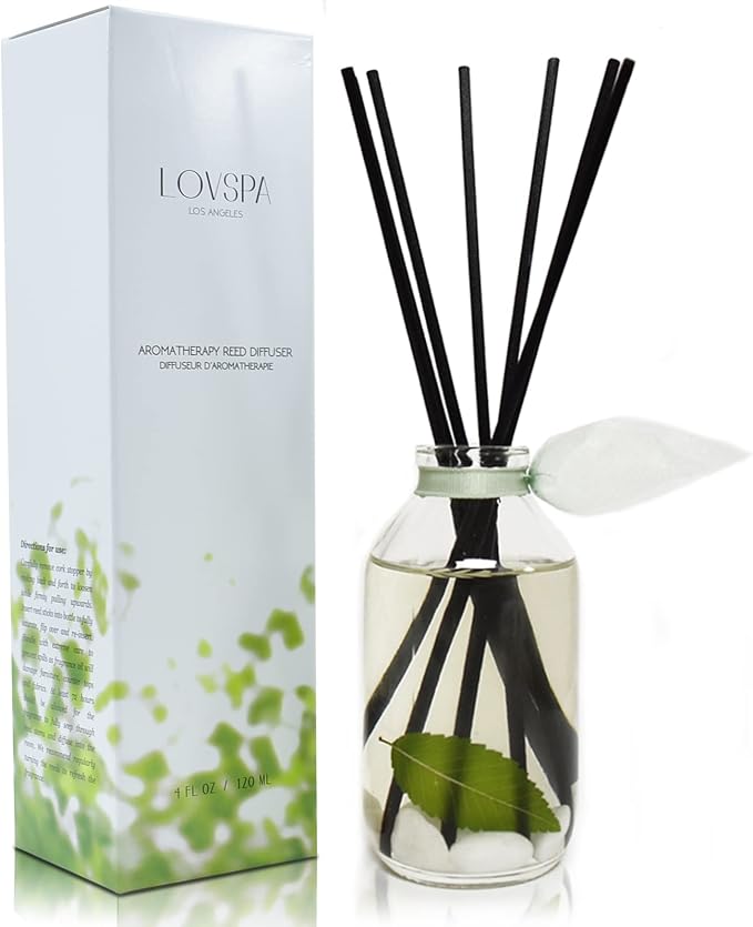 Zen White Tea & Ginger Reed Diffuser Set, Bathroom Decor, Room Scent | White tea, ginger, and citrus profile, kitchen shelf, decorative glass bottle, home aroma, entryway, powder room, living room