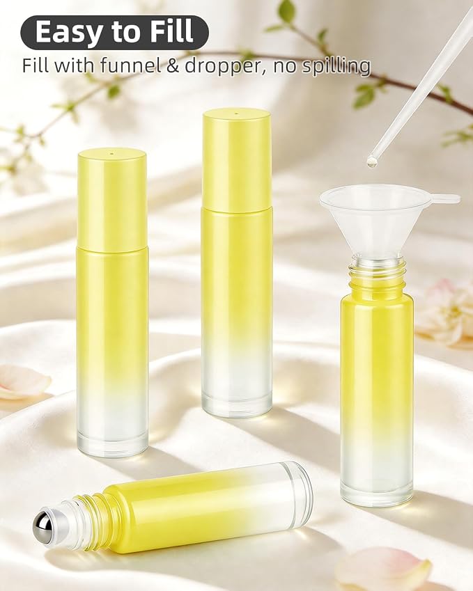 sungwoo 4 Pack Roller Bottles, 10 ml Essential Oil Glass Roller Bottles with Stainless Steel Roller Balls Yellow-Gradient