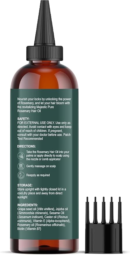 Majestic Pure 100% Pure Rosemary Oil for Hair Growth - Strengthening, Nourishing, Volumizing - Infused with Biotin Oil, Jojoba Oil & Castor Oil - Non GMO Verified - 4 Fl Oz - With Applicator