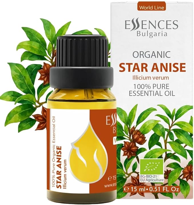 Essences Bulgaria Organic Star Anise Essential Oil 0.51 Fl Oz | 15ml | Illicium verum | 100% Pure | Natural | Undiluted | Therapeutic Grade | Aromatherapy | Cosmetics | Cruelty Free | Non-GMO | Vegan
