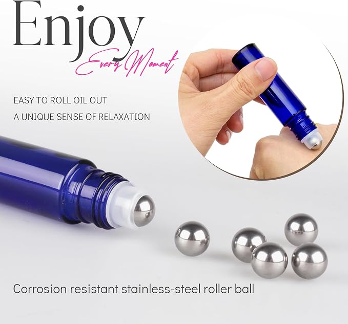 10ml Roller Bottles for Essential Oils, 6 Pack Cobalt Blue Thick Glass Bottles with Stainless Steel Roller Balls and 2 Droppers