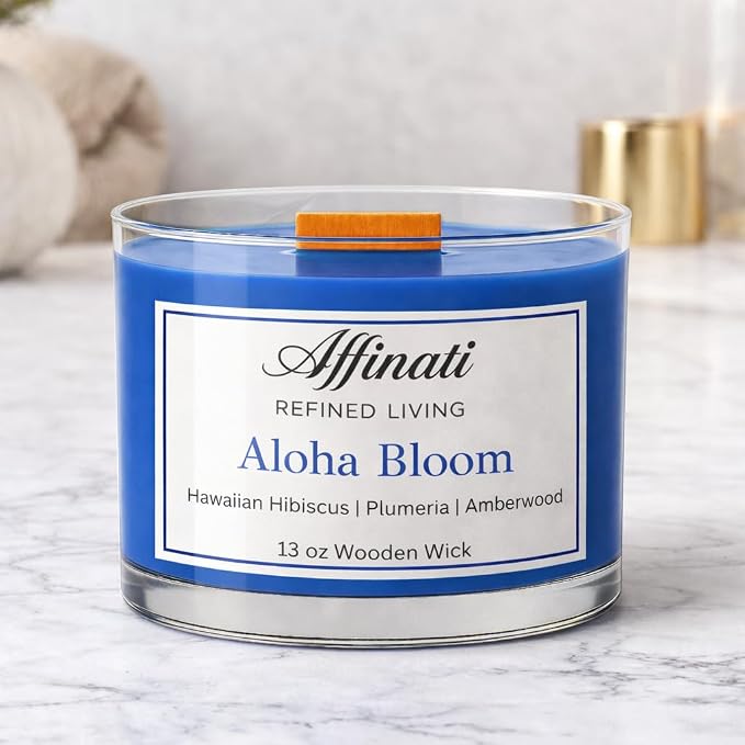 Affinati Aloha Bloom Wooden Wick Candle – Premium Wooden Bowl, 13 oz