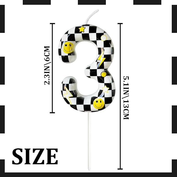 Number 3 Birthday Candle for Cake – Black White Checkered Smiley Design with Lightning & Star – Three Happy Dudes Theme Cake Topper for Birthday Party Decorations