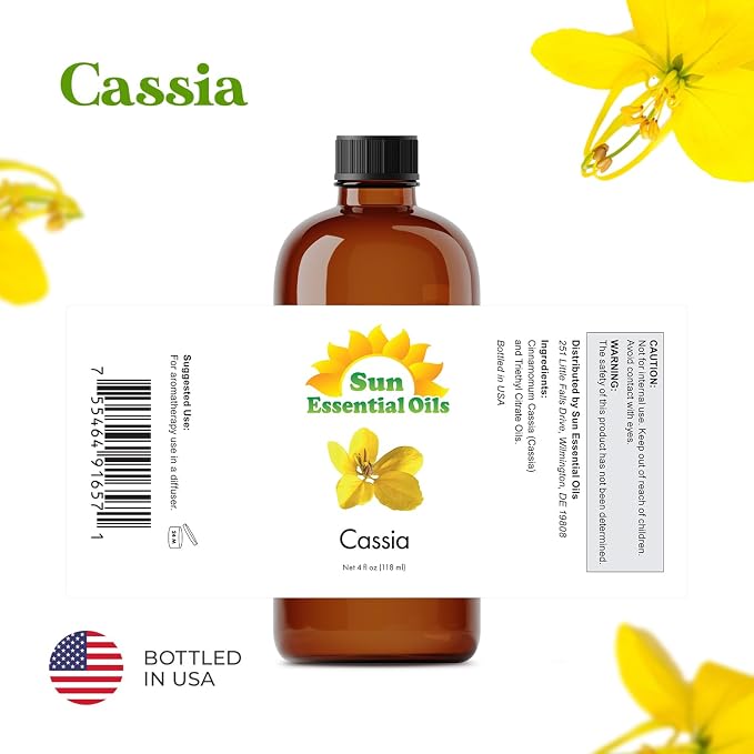 Sun Essential Oils - Cassia 4oz Bottle for Diffuser, Humidifier, Aromatherapy, Hair and Skin Care - Cassia Oil - Aromatherapy Oil