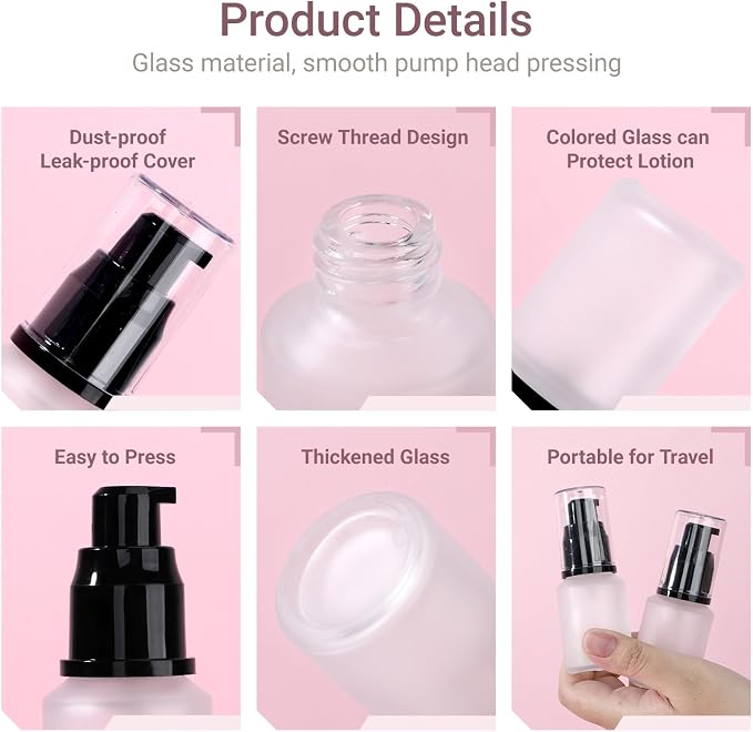 Segbeauty 1oz Frosted Glass Travel Size Bottles for Lotion, 5pcs Matte Translucent Empty Essential Oil Bottle, 30ml Travel Containers Refillable Cream Pump Bottle, Toiletry Bottles for Liquids