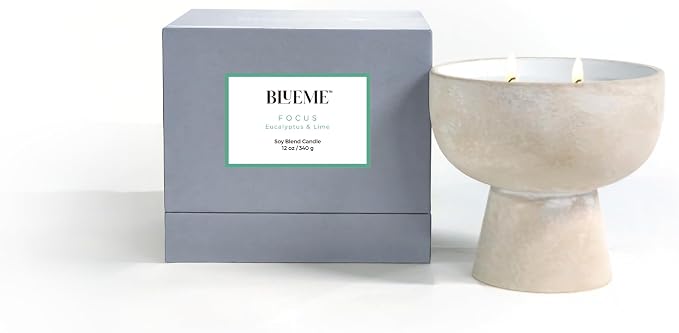 Blueme Focus Candle | Eucalyptus & Lime | 2 Wick - Refillable Wellness Candle with Essential Oils, Hand Finished & Poured Soy Wax Blend Ceramic Vessel, Natural Cotton Wicks | Medium 12 oz