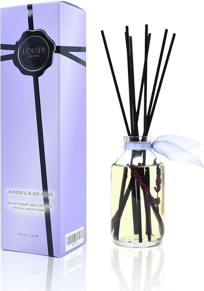 Lavender & Black Amber Reed Diffuser Set, Entryway Decor, Room Scent | Lavender, amber, and black myrrh profile, hotel fragrance, luxury home aroma, guest bathroom,