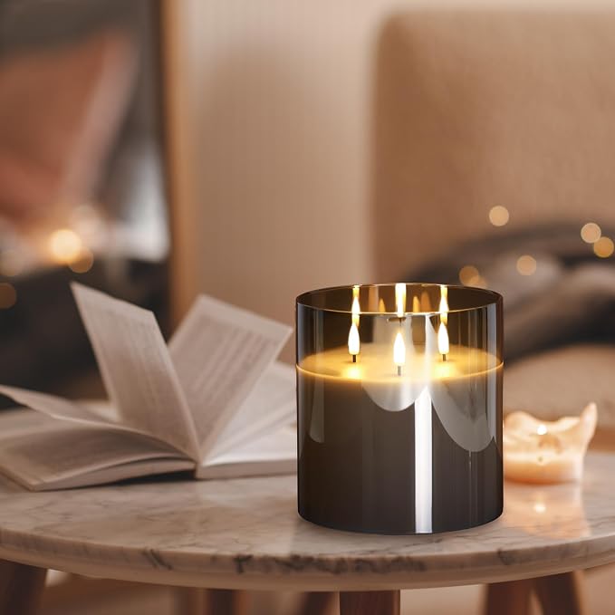 Eywamage 3 Wick Smoke Grey Glass Flameless LED Candle with Remote, Flickering Large Battery Pillar Candle Decor Φ 6" H 6"