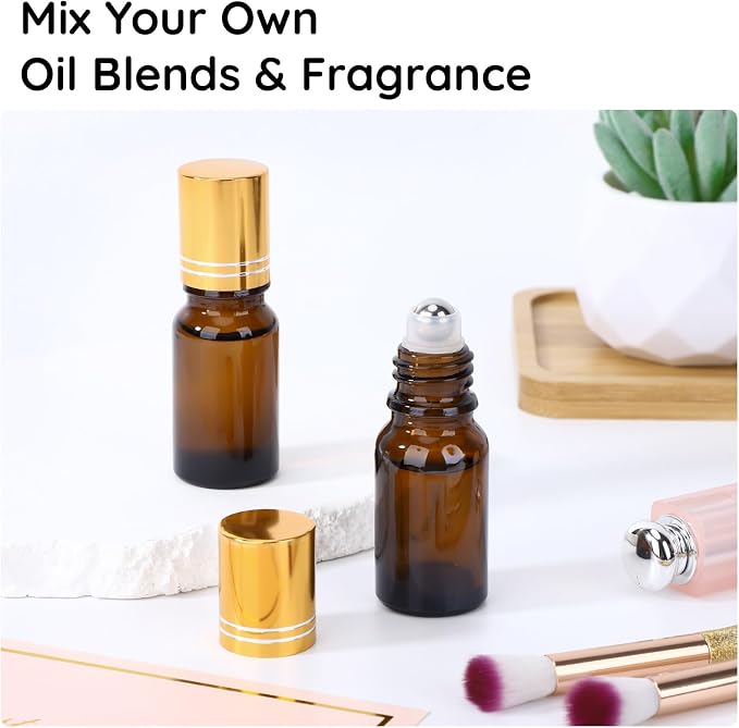 Segbeauty 0.34oz Thick Amber Glass Roll On Bottles for Essential Oils, 5pcs Small Empty Oil Roller Bottles for Eye Essence, 10ml Travel Refillable Roller Ball Applicator, Perfume Oil Rollerball Bottle