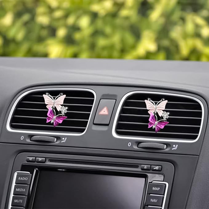 1PC Car Air Fresheners Vent Clips, Cute Dual Butterfly Diamond Rhinestone Car Vent Clip, Air Outlet Perfume Diffuser, Sparkly Bling Car Interior Decoration Accessories for Girls Women (Pink)