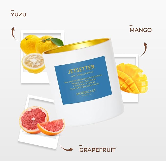 Moodcast Jetsetter Scented Candle - Aesthetic Candle for Home, Yuzu, Mango, Grapefruit & Vanilla Bean, Clean Coco Wax Blend, Vegan, Paraben Free, 45-Hour Long Lasting Burn - 8oz