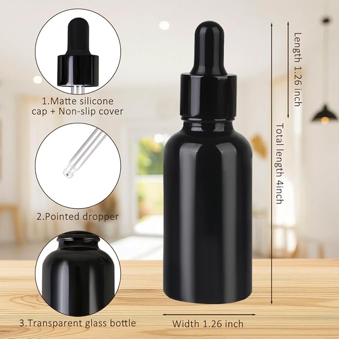 1 oz Dropper Bottles for Essential Oils，12Pack 30ML Glass Bottles with Glass Eye Dropper Leak Proof Travel Dispenser Bottle for Essential Oils,tincture, Aromatherapy, Chemistry Lab Chemicals (Black)